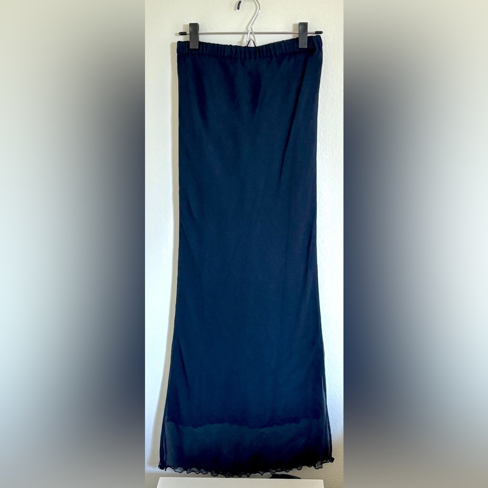 Vintage Marian Clayden 100% Silk Skirt Navy Blue Layered Frill Edge Size Small
